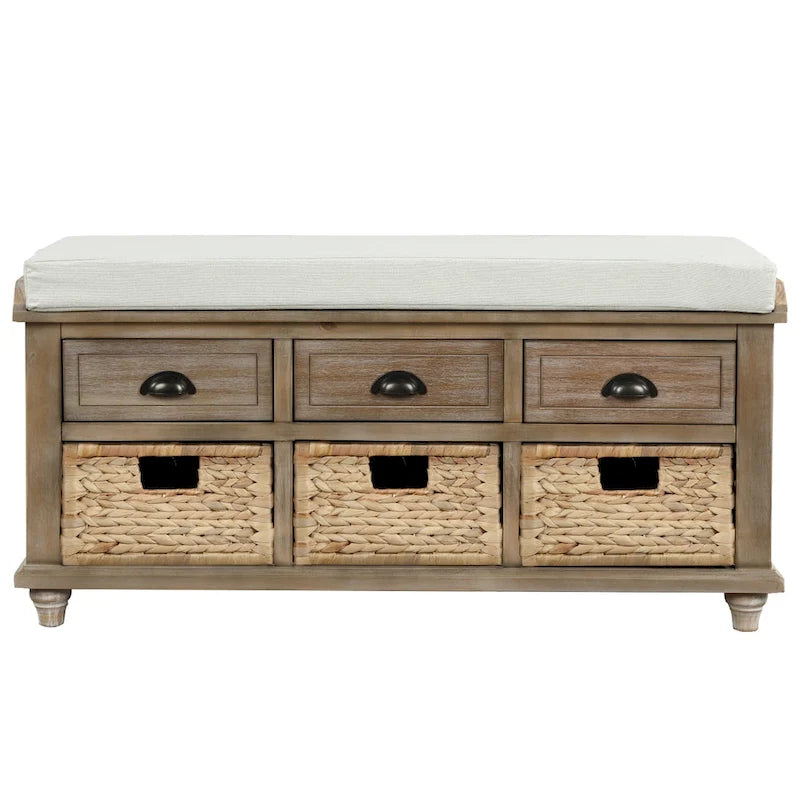 Rustic Storage Bench with 3 Drawers and 3 Rattan Baskets, Shoe Bench for Living Room, Entryway