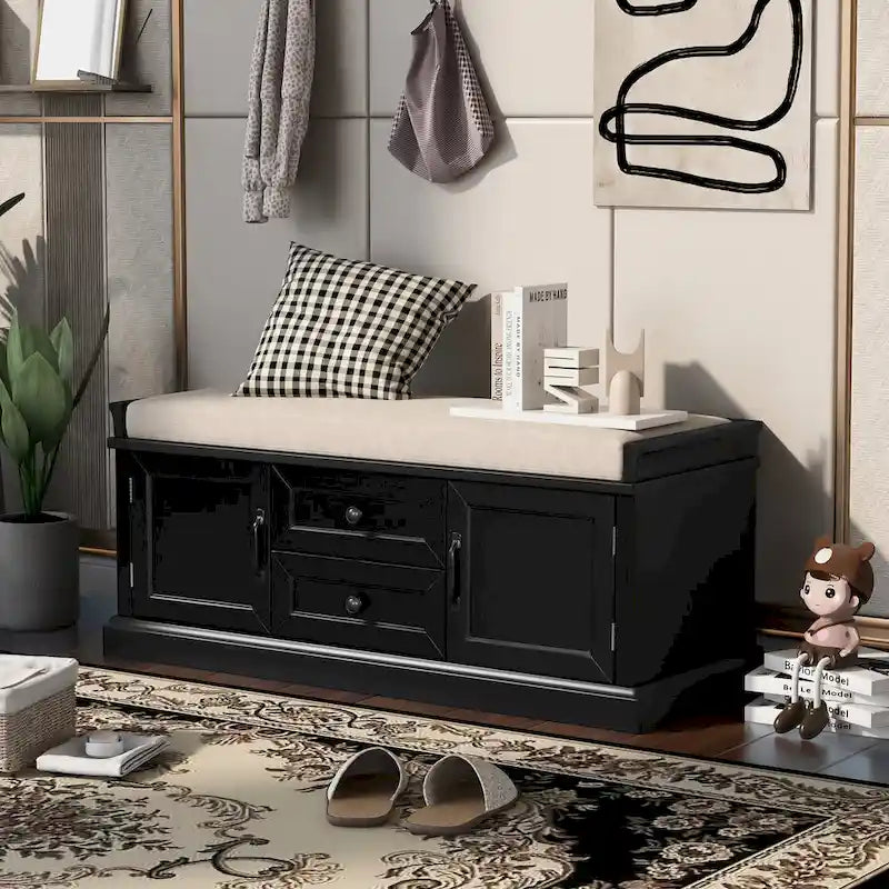 Storage Bench with 2 Drawers and 2 Cabinets, Shoe Bench with Removable Cushion for Living Room
