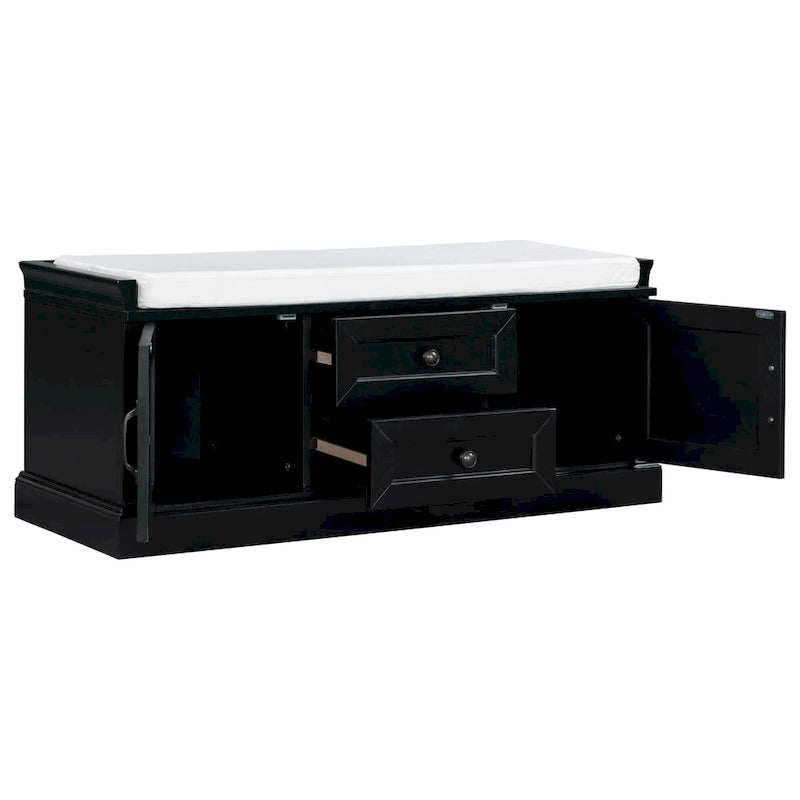 Storage Bench with 2 Drawers and 2 Cabinets, Shoe Bench with Removable Cushion for Living Room