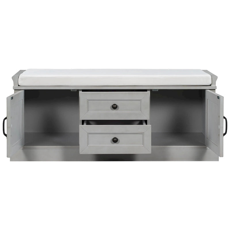 Storage Bench with 2 Drawers and 2 Cabinets, Shoe Bench with Removable Cushion for Living Room