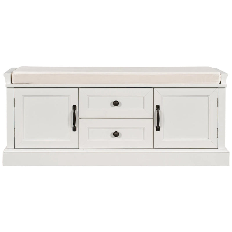 Storage Bench with 2 Drawers and 2 Cabinets, Shoe Bench with Removable Cushion for Living Room
