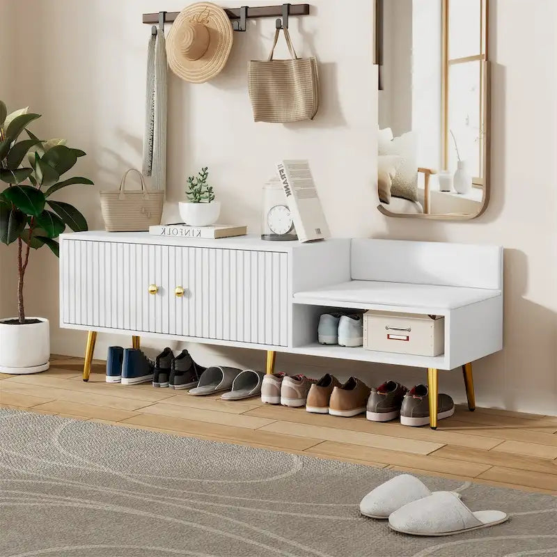 Modern Shoe Storage Bench with Hidden Storage and Upholstered Cushions