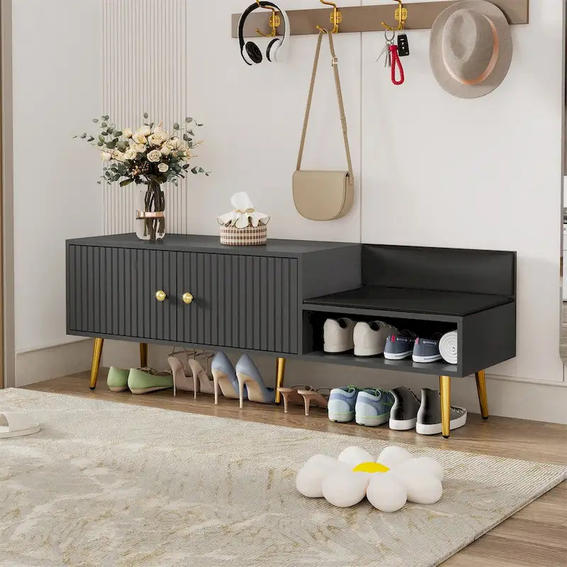 Modern Shoe Storage Bench with Hidden Storage and Upholstered Cushions