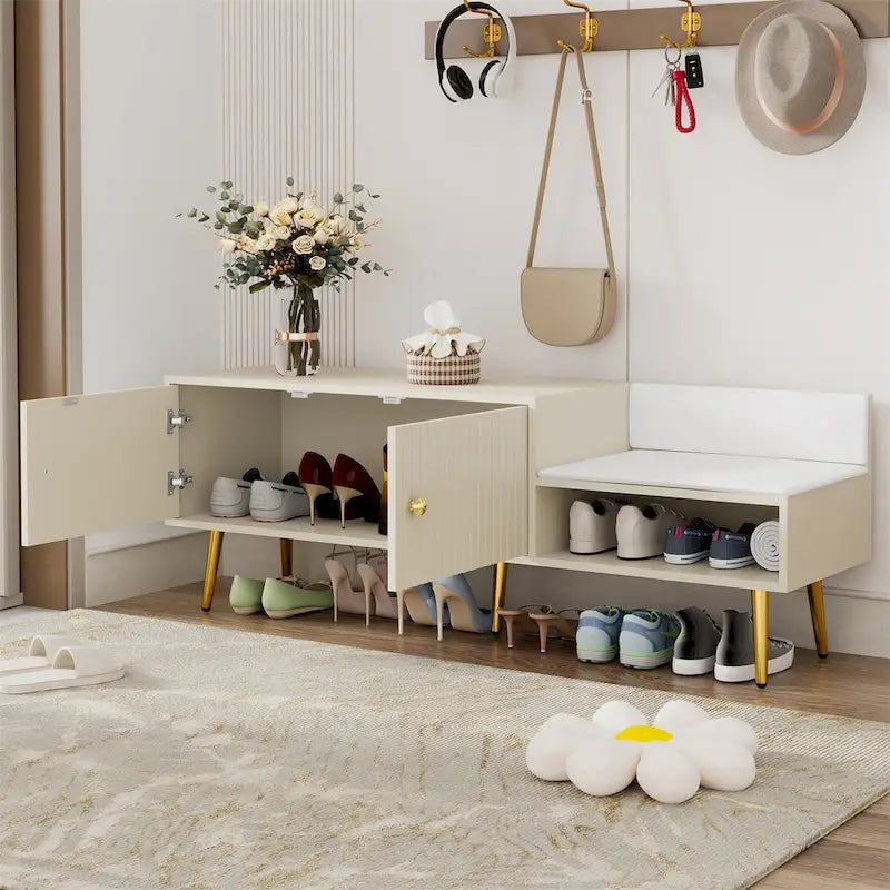 Modern Shoe Storage Bench with Hidden Storage and Upholstered Cushions