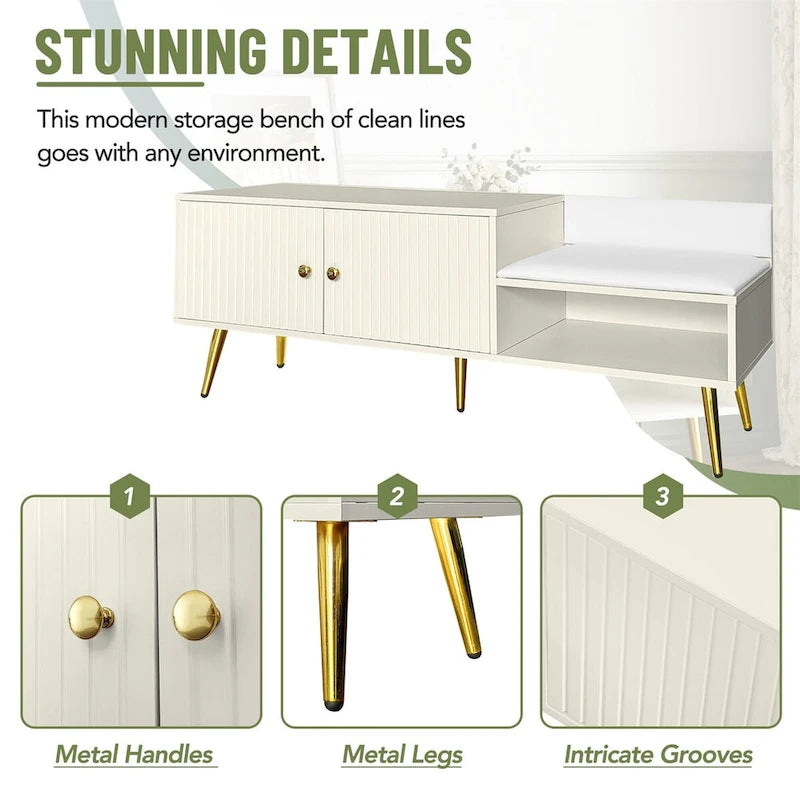 Modern Shoe Storage Bench with Hidden Storage and Upholstered Cushions