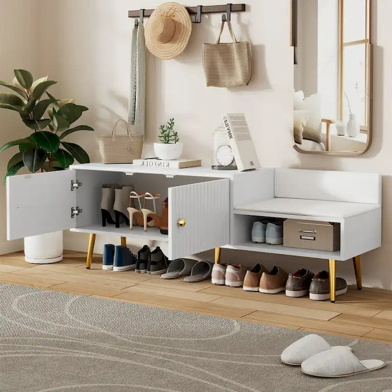 Modern Shoe Storage Bench with Hidden Storage and Upholstered Cushions