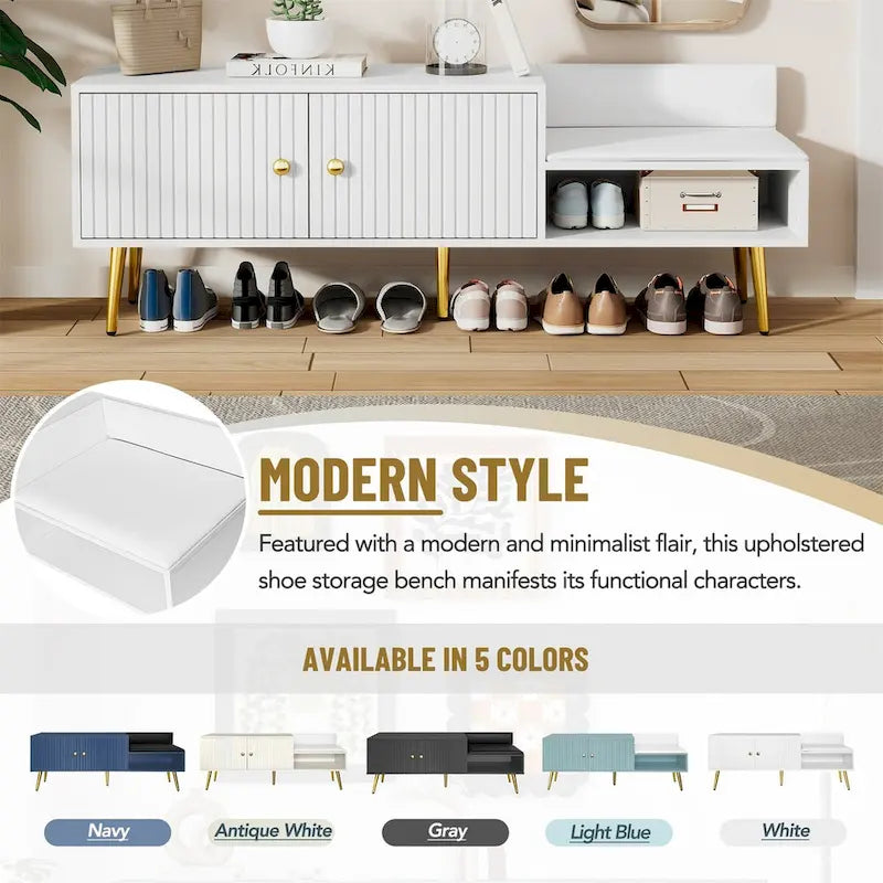 Modern Shoe Storage Bench with Hidden Storage and Upholstered Cushions