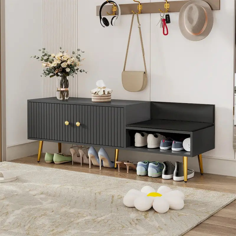 Modern Shoe Storage Bench with Hidden Storage and Upholstered Cushions