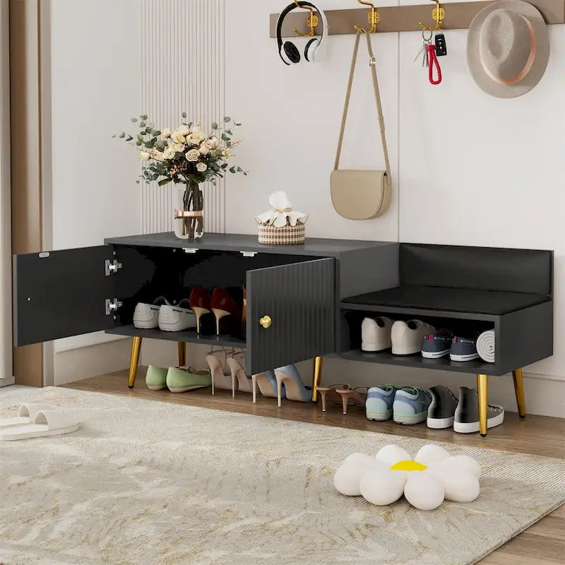Modern Shoe Storage Bench with Hidden Storage and Upholstered Cushions