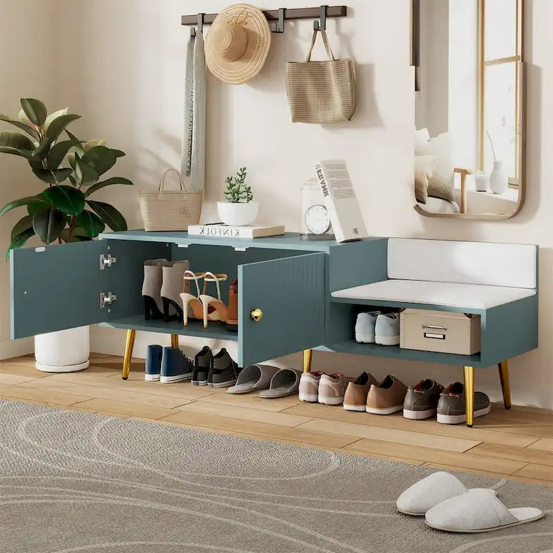 Modern Shoe Storage Bench with Hidden Storage and Upholstered Cushions