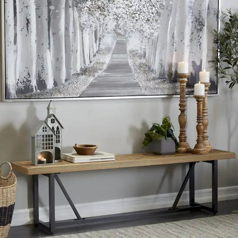 Wood Bench with Black Metal Base - Brown - Roche River Decor