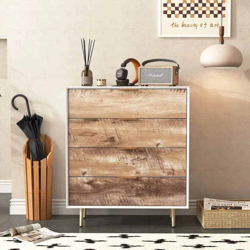 Wooden Tall 4 Drawer Dresser,Chest of Drawers with 4 Metal Legs, Anti-Tipping Device for Bedroom,Living Room