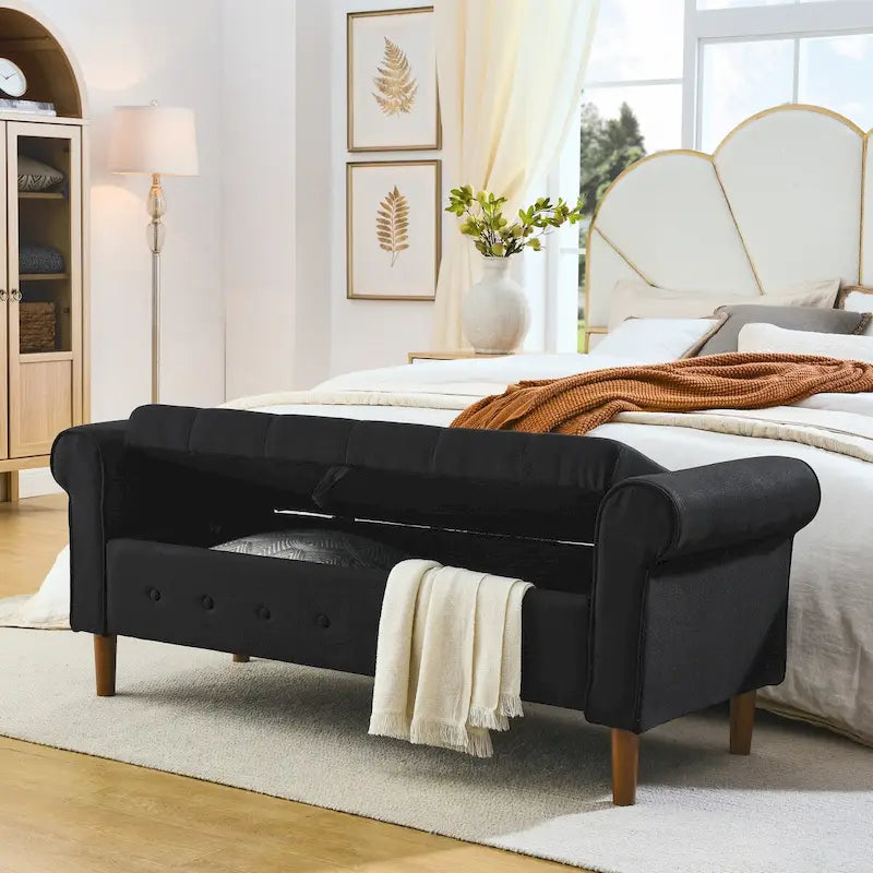 62  Bedroom Tufted Button Storage Bench, Modern Fabric Upholstered Ottoman,Window Bench,Rolled Arm Design for Bedroom