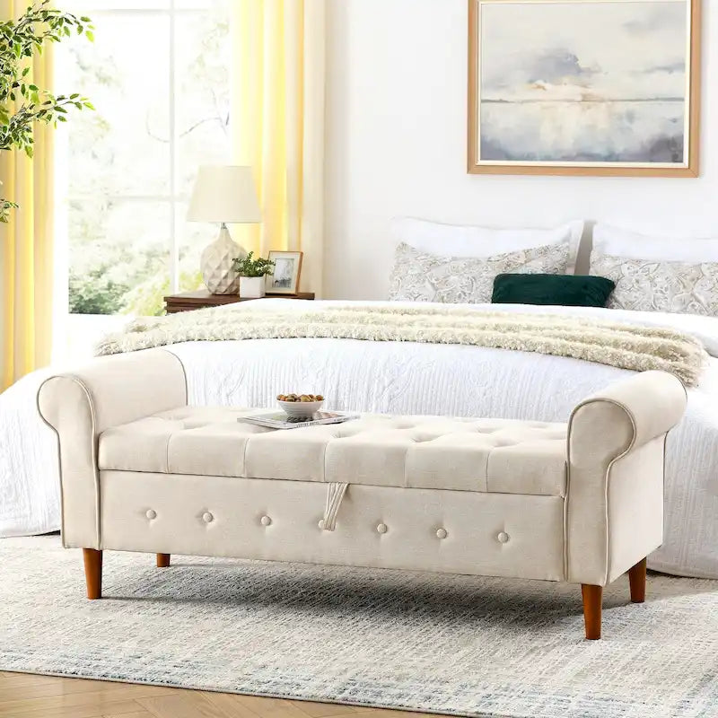 62  Bedroom Tufted Button Storage Bench, Modern Fabric Upholstered Ottoman,Window Bench,Rolled Arm Design for Bedroom