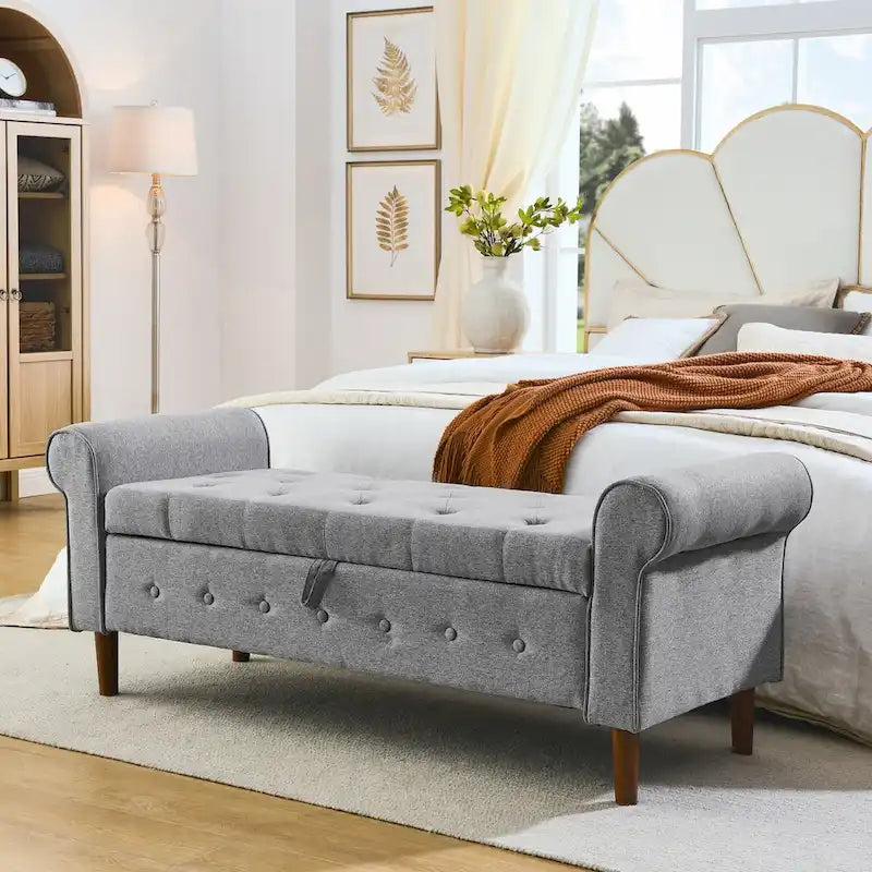 62  Bedroom Tufted Button Storage Bench, Modern Fabric Upholstered Ottoman,Window Bench,Rolled Arm Design for Bedroom