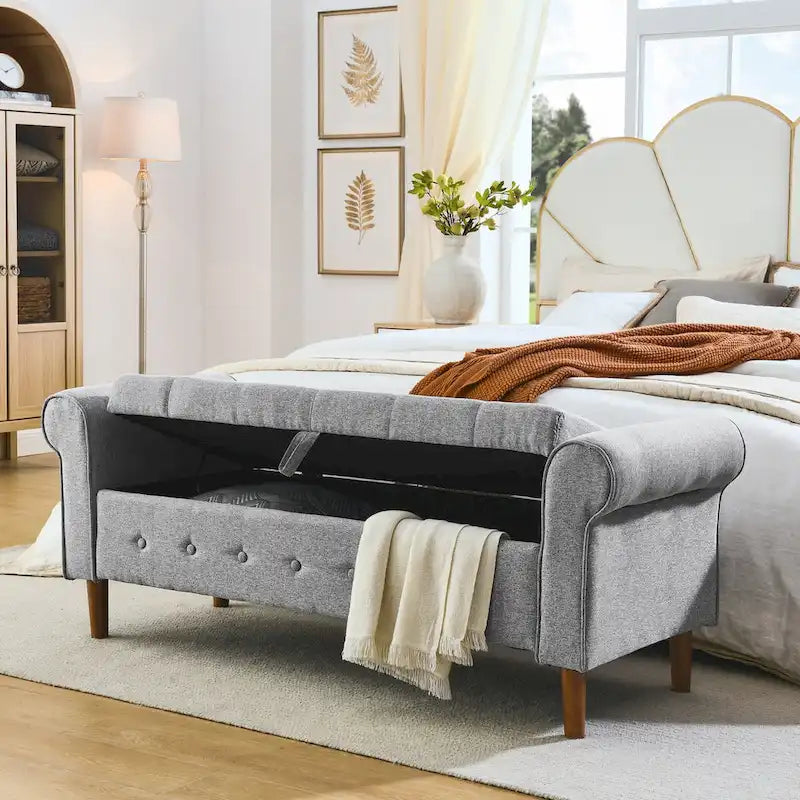 62  Bedroom Tufted Button Storage Bench, Modern Fabric Upholstered Ottoman,Window Bench,Rolled Arm Design for Bedroom