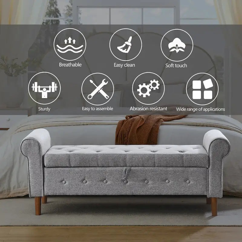 62  Bedroom Tufted Button Storage Bench, Modern Fabric Upholstered Ottoman,Window Bench,Rolled Arm Design for Bedroom