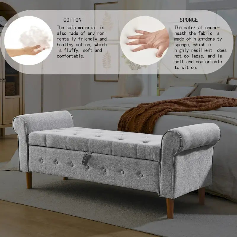 62  Bedroom Tufted Button Storage Bench, Modern Fabric Upholstered Ottoman,Window Bench,Rolled Arm Design for Bedroom