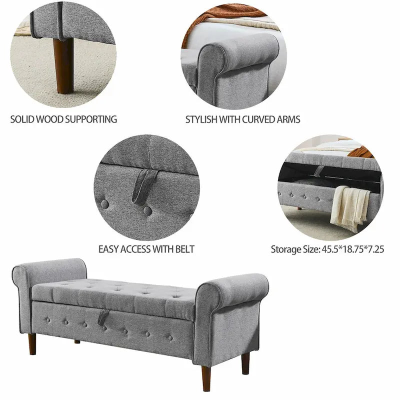 62  Bedroom Tufted Button Storage Bench, Modern Fabric Upholstered Ottoman,Window Bench,Rolled Arm Design for Bedroom