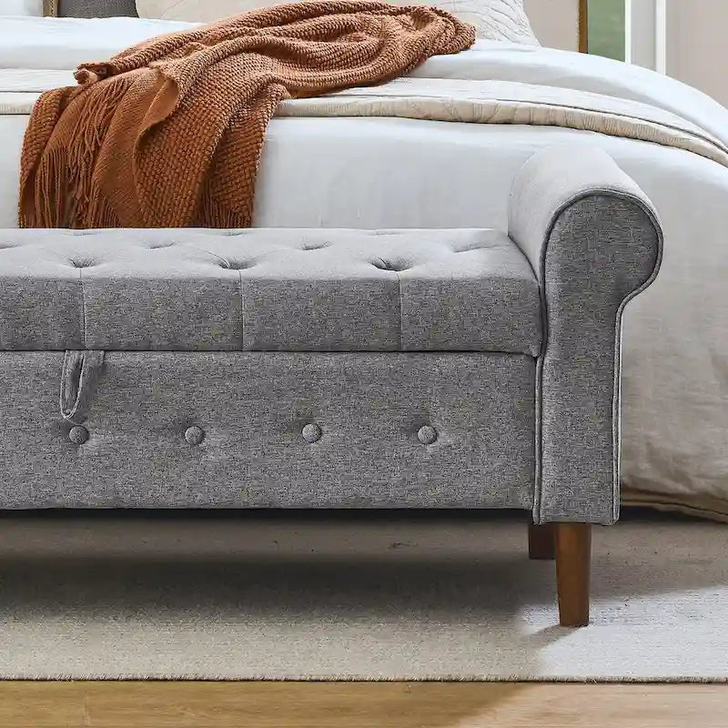 62  Bedroom Tufted Button Storage Bench, Modern Fabric Upholstered Ottoman,Window Bench,Rolled Arm Design for Bedroom