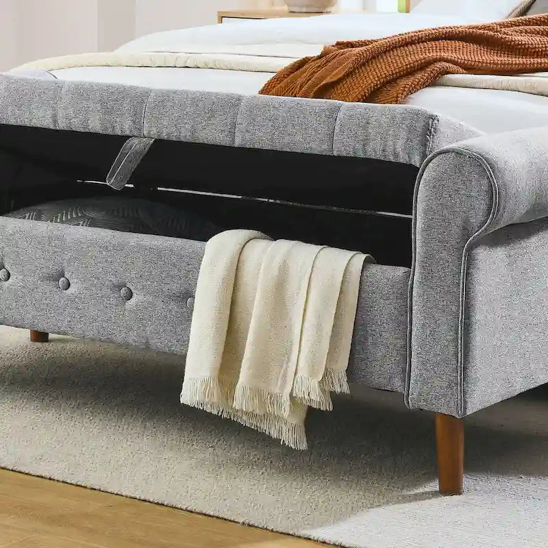 62  Bedroom Tufted Button Storage Bench, Modern Fabric Upholstered Ottoman,Window Bench,Rolled Arm Design for Bedroom