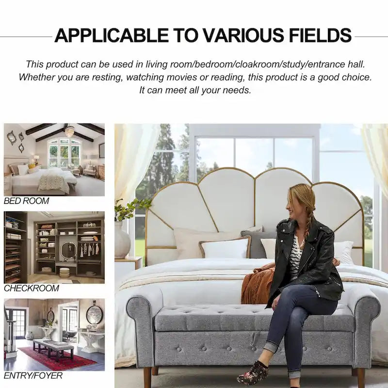 62  Bedroom Tufted Button Storage Bench, Modern Fabric Upholstered Ottoman,Window Bench,Rolled Arm Design for Bedroom