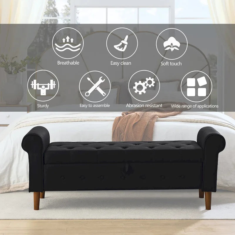 62  Bedroom Tufted Button Storage Bench, Modern Fabric Upholstered Ottoman,Window Bench,Rolled Arm Design for Bedroom