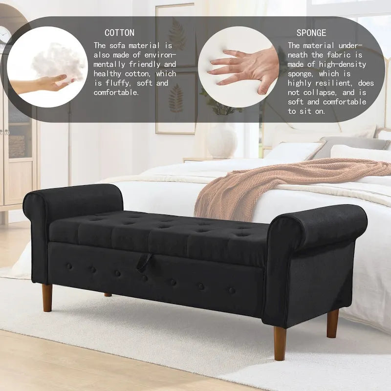 62  Bedroom Tufted Button Storage Bench, Modern Fabric Upholstered Ottoman,Window Bench,Rolled Arm Design for Bedroom