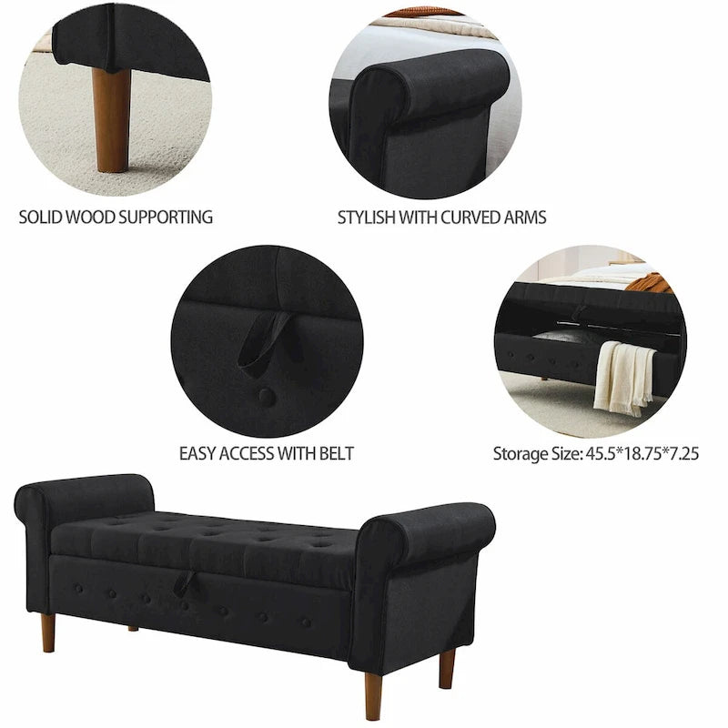 62  Bedroom Tufted Button Storage Bench, Modern Fabric Upholstered Ottoman,Window Bench,Rolled Arm Design for Bedroom