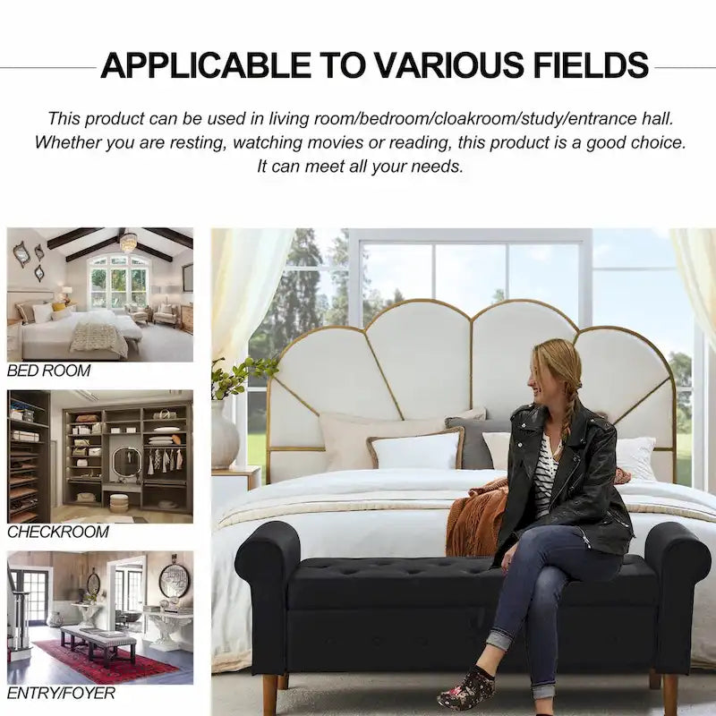 62  Bedroom Tufted Button Storage Bench, Modern Fabric Upholstered Ottoman,Window Bench,Rolled Arm Design for Bedroom