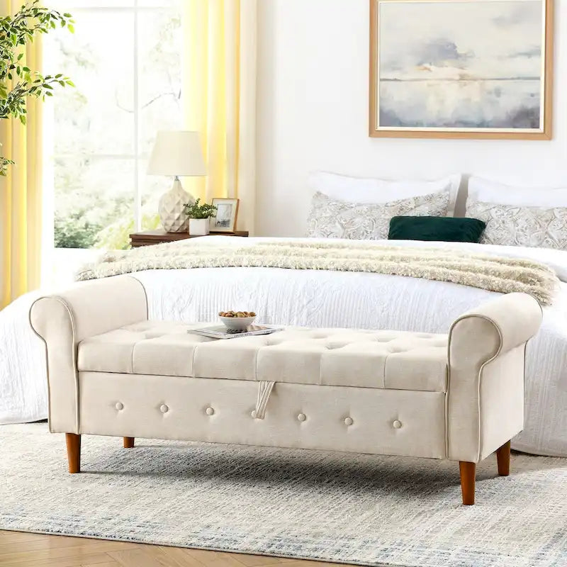62  Bedroom Tufted Button Storage Bench, Modern Fabric Upholstered Ottoman,Window Bench,Rolled Arm Design for Bedroom