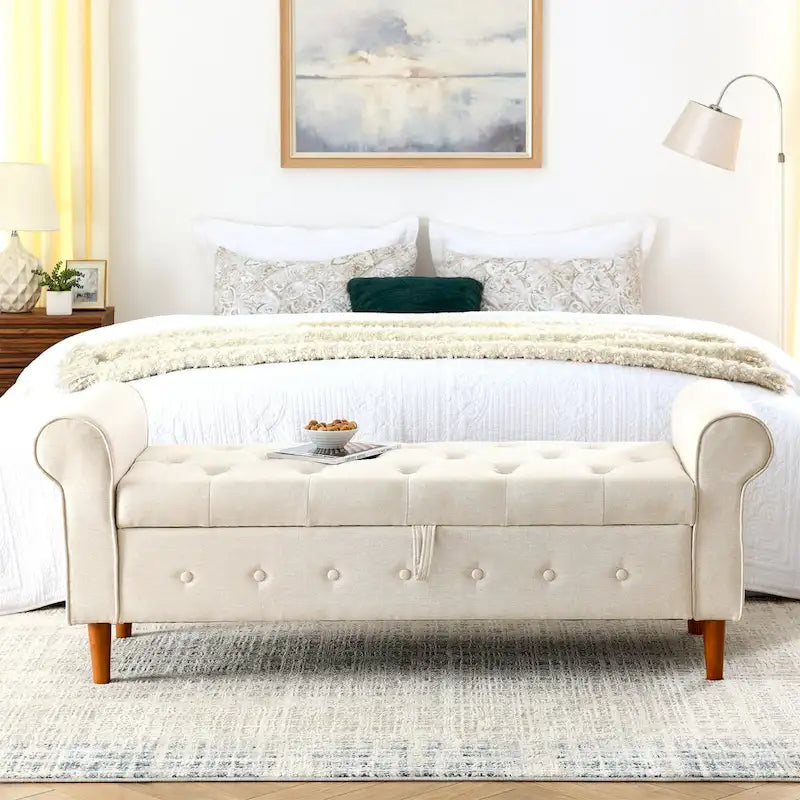 62  Bedroom Tufted Button Storage Bench, Modern Fabric Upholstered Ottoman,Window Bench,Rolled Arm Design for Bedroom