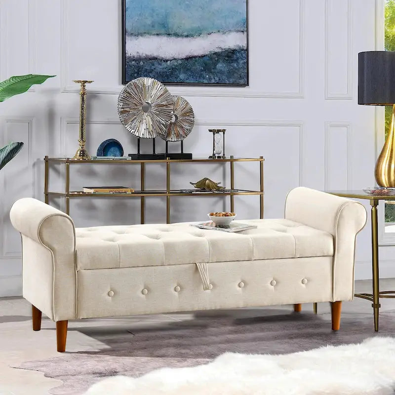 62  Bedroom Tufted Button Storage Bench, Modern Fabric Upholstered Ottoman,Window Bench,Rolled Arm Design for Bedroom
