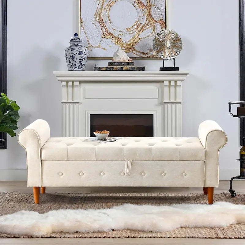 62  Bedroom Tufted Button Storage Bench, Modern Fabric Upholstered Ottoman,Window Bench,Rolled Arm Design for Bedroom