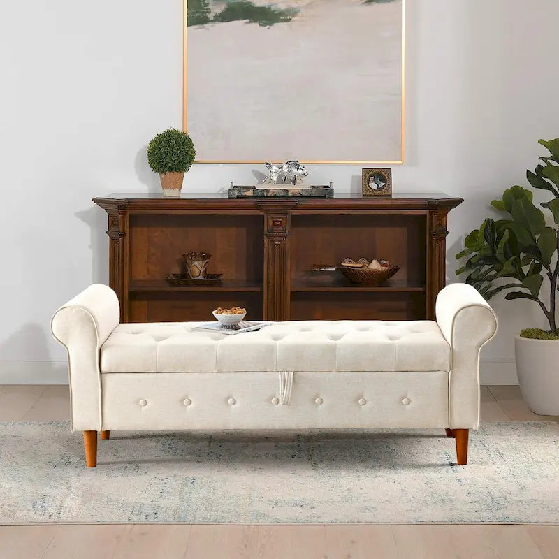 62  Bedroom Tufted Button Storage Bench, Modern Fabric Upholstered Ottoman,Window Bench,Rolled Arm Design for Bedroom