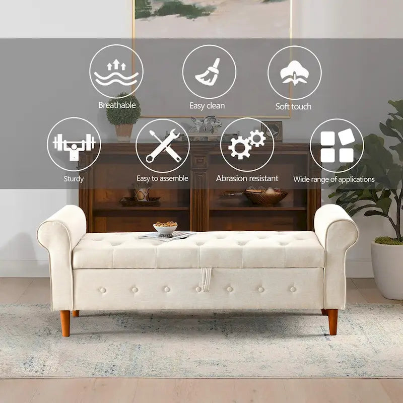 62  Bedroom Tufted Button Storage Bench, Modern Fabric Upholstered Ottoman,Window Bench,Rolled Arm Design for Bedroom