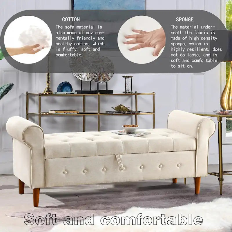 62  Bedroom Tufted Button Storage Bench, Modern Fabric Upholstered Ottoman,Window Bench,Rolled Arm Design for Bedroom