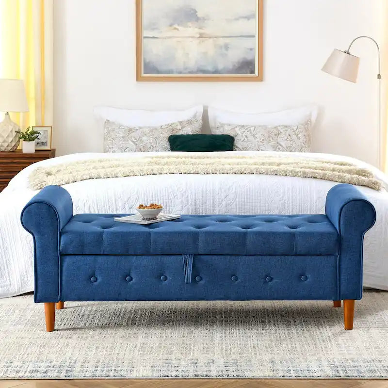 62  Bedroom Tufted Button Storage Bench, Modern Fabric Upholstered Ottoman, Window Bench, Rolled Arm Design for Bedroom