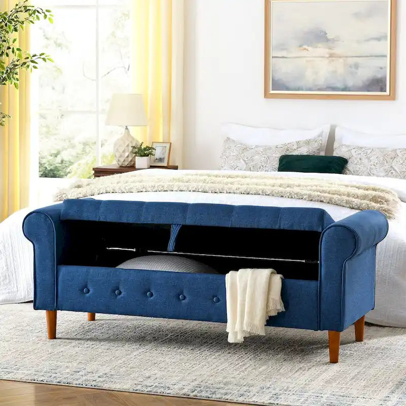 62  Bedroom Tufted Button Storage Bench, Modern Fabric Upholstered Ottoman, Window Bench, Rolled Arm Design for Bedroom