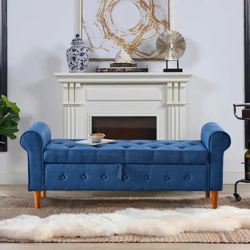 62  Bedroom Tufted Button Storage Bench, Modern Fabric Upholstered Ottoman, Window Bench, Rolled Arm Design for Bedroom