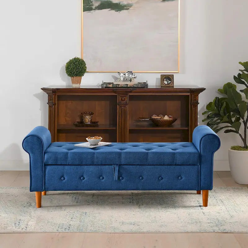 62  Bedroom Tufted Button Storage Bench, Modern Fabric Upholstered Ottoman, Window Bench, Rolled Arm Design for Bedroom