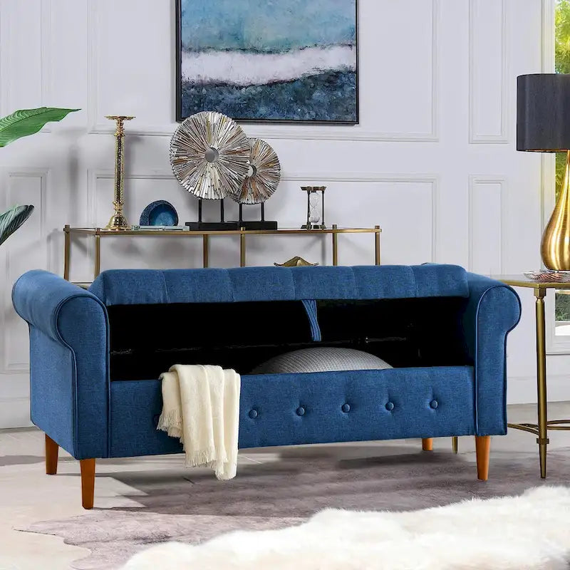 62  Bedroom Tufted Button Storage Bench, Modern Fabric Upholstered Ottoman, Window Bench, Rolled Arm Design for Bedroom