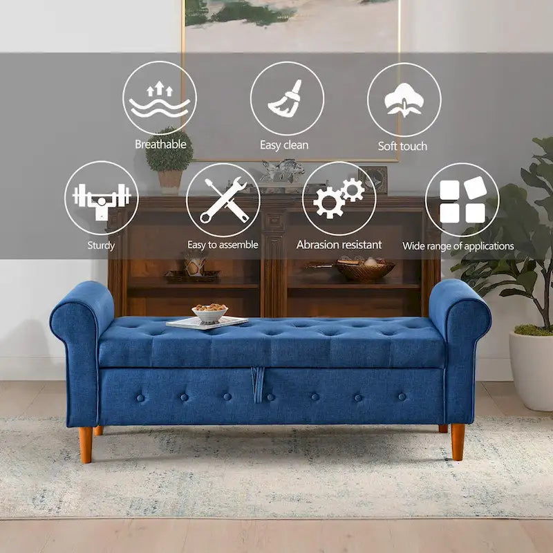 62  Bedroom Tufted Button Storage Bench, Modern Fabric Upholstered Ottoman, Window Bench, Rolled Arm Design for Bedroom