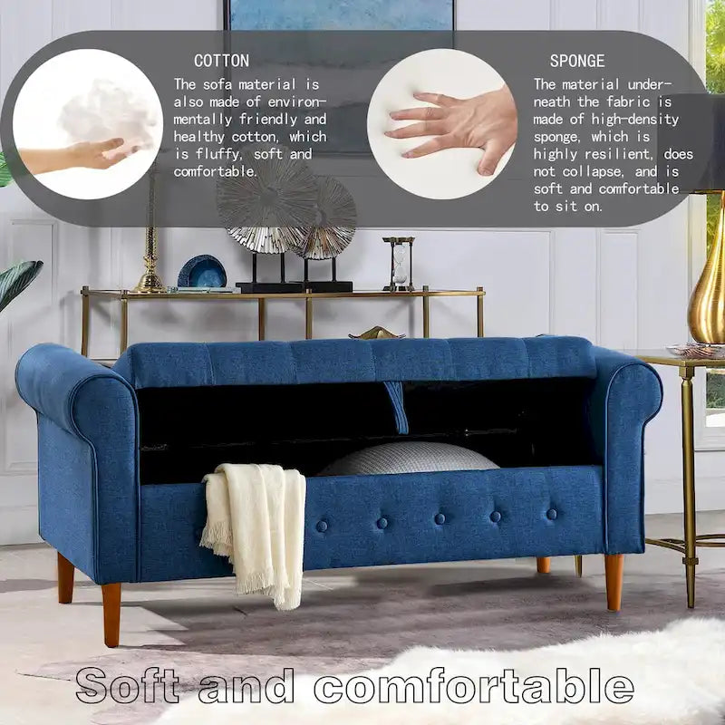 62  Bedroom Tufted Button Storage Bench, Modern Fabric Upholstered Ottoman, Window Bench, Rolled Arm Design for Bedroom