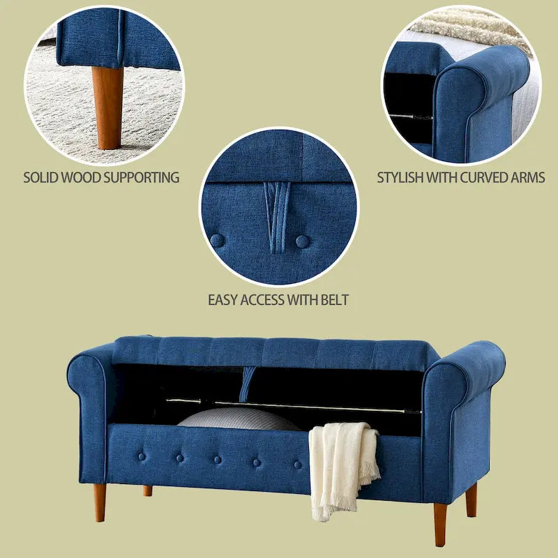 62  Bedroom Tufted Button Storage Bench, Modern Fabric Upholstered Ottoman, Window Bench, Rolled Arm Design for Bedroom