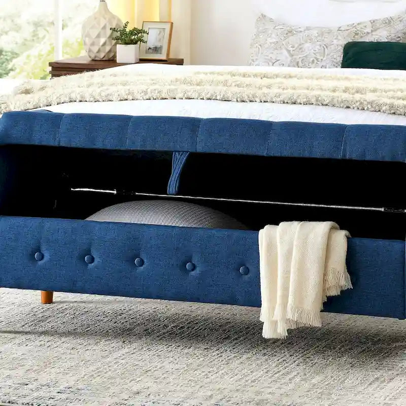 62  Bedroom Tufted Button Storage Bench, Modern Fabric Upholstered Ottoman, Window Bench, Rolled Arm Design for Bedroom