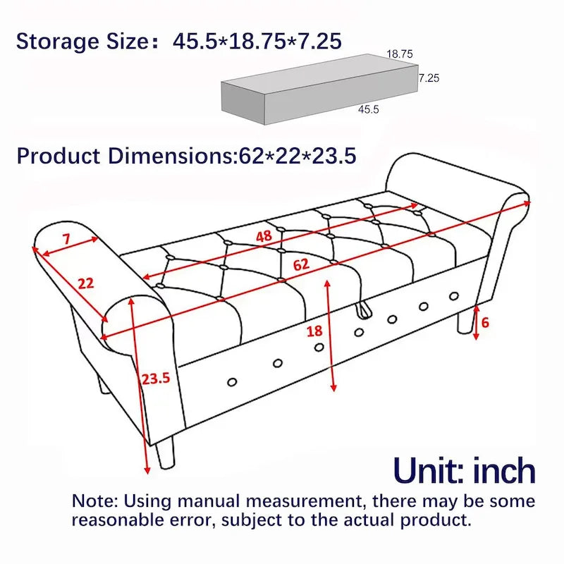 62  Bedroom Tufted Button Storage Bench, Modern Fabric Upholstered Ottoman, Window Bench, Rolled Arm Design for Bedroom