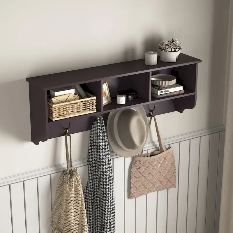 Espresso Entryway Wall Mounted Coat Rack with 4 Dual Hooks Living Room Wooden Storage Shelf