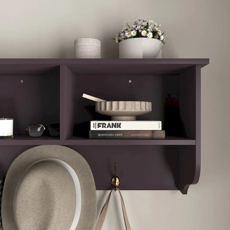 Espresso Entryway Wall Mounted Coat Rack with 4 Dual Hooks Living Room Wooden Storage Shelf