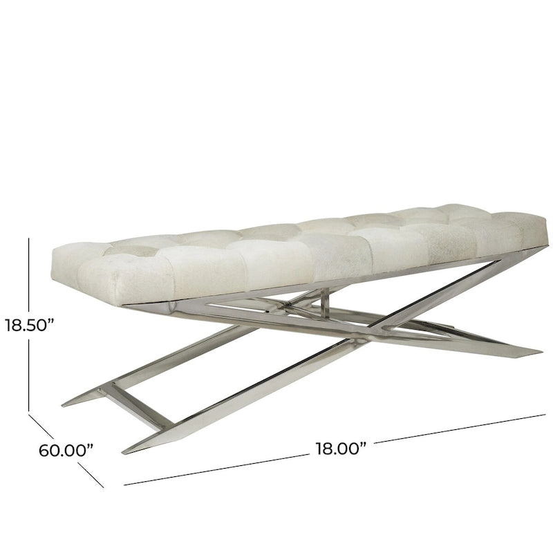 Leather Upholstered Tufted Home Bench with Silver Diagonal Base - Grey - Roche River Decor